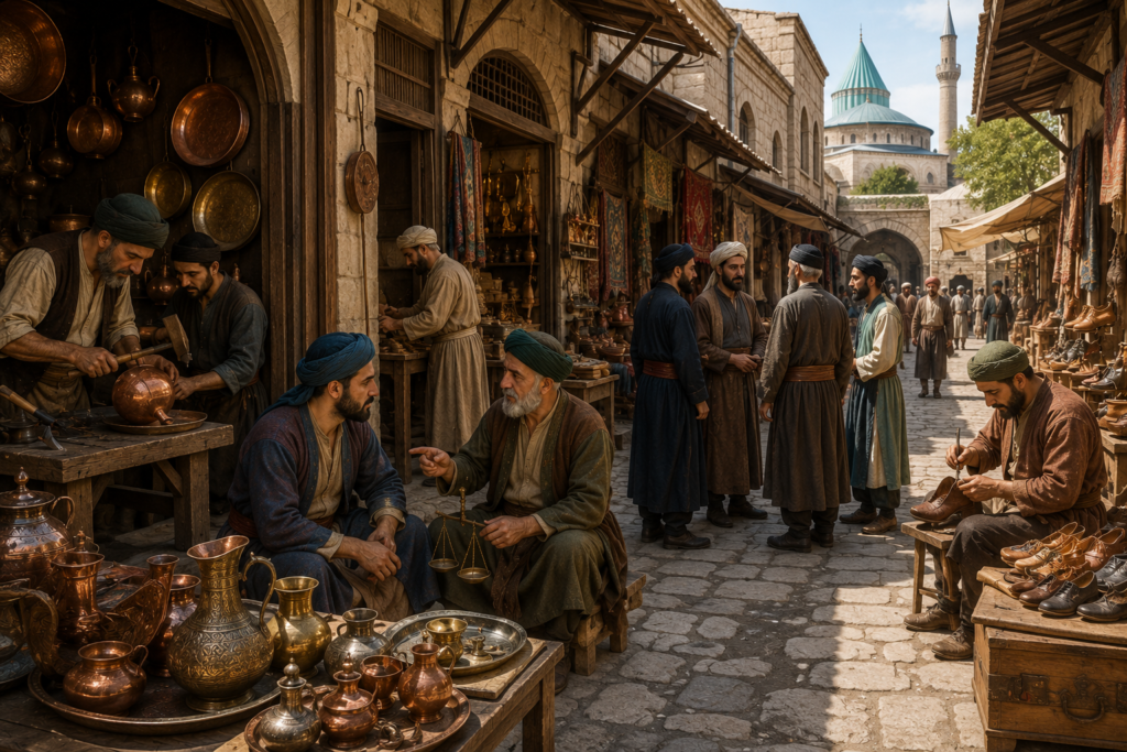 Selçuklu dönemi şehir yaşamı, çarşılar ve mimari yapıları gösteren temsilî görsel