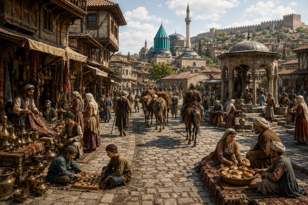 Selçuklu döneminde halkın günlük yaşamı, sosyal hayatı ve geleneksel ev kültürünü gösteren temsilî görsel